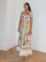 Printed Spliced Feather Tassel Hem Dress Half Sleeve O-neck Loose Maxi Dresses 2026 Summer Fashion Elegant Party Women Outwear