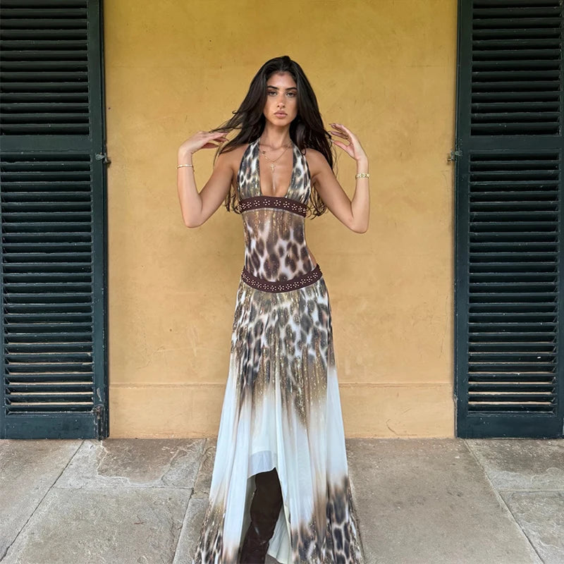 2026 Retro Leopard Printed Halter Vestido Women Sexy V-neck Irregular Split Backless Bodycon Gown Summer Holiday Dinner Wear New