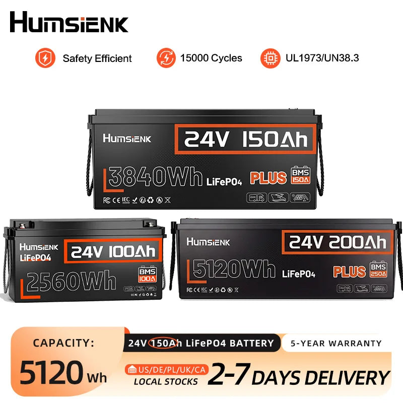Humsienk 24V 100Ah/200Ah/150Ah LiFePO4 Battery, MAX 15000 Cycles, Built-in 100A/200A/250A BMS, 15000+ Deep Cycle, Low-Temp Protection For RV, Van, Golf Cart, Boat, Camper, Marine, Trolling Motor, Off-Grid, Solar Energy Storage