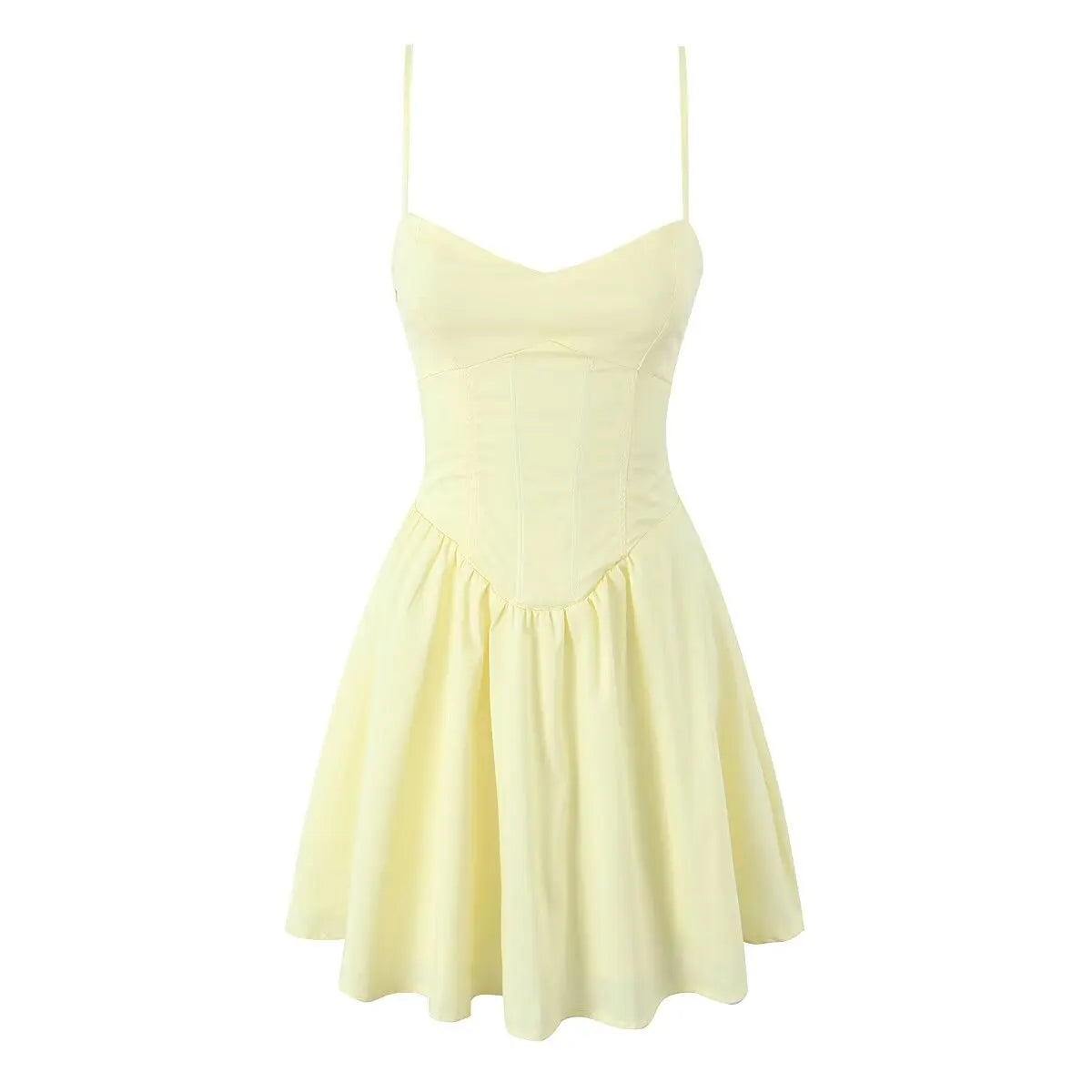 YENKYE Sexy Elegant Women Fishbone Waist Shaping Sling Mini Dress Lace Up Back Fit And Flare Summer Party Dresses Yellow Robe