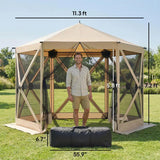 10 x 11 ft Pop Up Gazebo Screen Tent, Portable Instant Camping Canopy Screen House with Nettings, Carry Bag, Beige