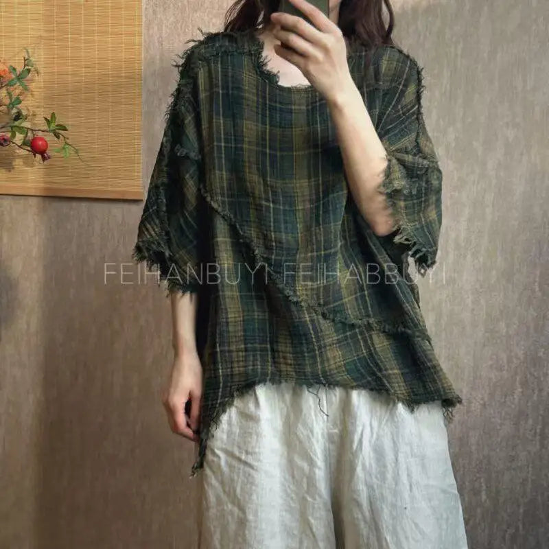 2026 New Arrival Summer Arts Style Women Batwing Sleeve Vintage Loose Tops Tees Patchwork Design Cotton Linen Plaid T-shirt F69