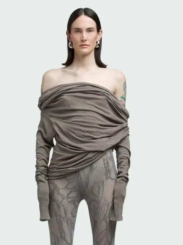 Street Style Oversized Cotton T-Shirt Three Colors Long Sleeve Knitted Shoulder Bared Layered Neck Design Polyester Blend
