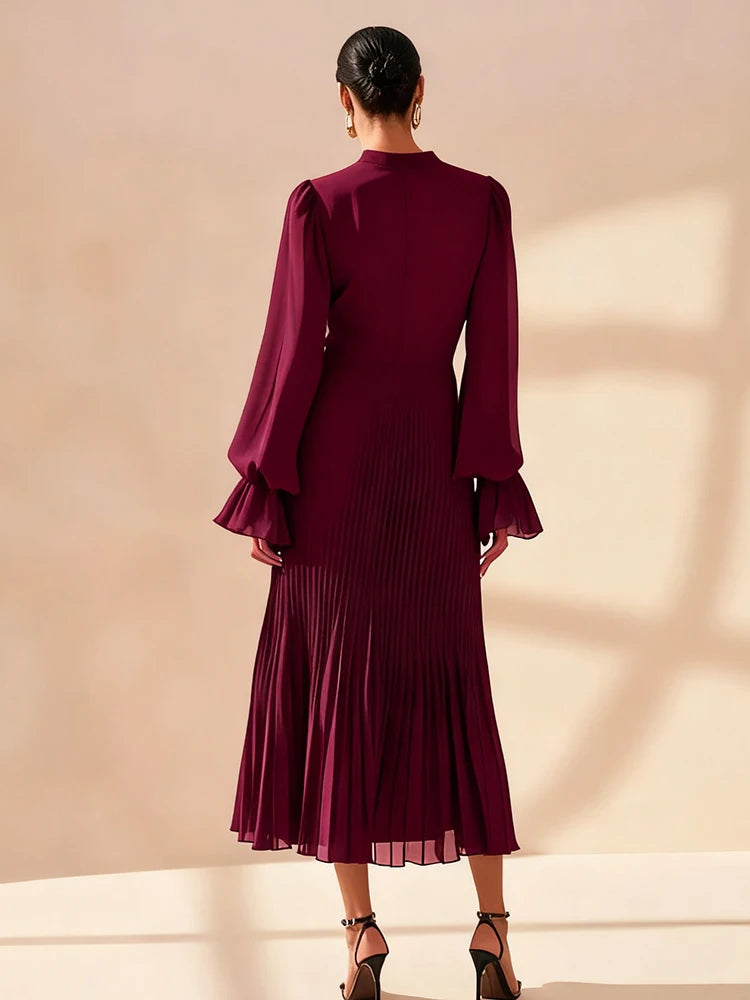 LGRQ 2026 Summer New Solid Color High Waist Dress With Ruffled Hem And Pleats Mid-Length Party Evening Gown