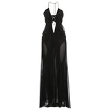 Kliou Ruched Elegant Gown Dress Woman Mesh Patchwork Luxury Chain Halter Backless Sleeveless Evening Prom Party Hipster Vestidos