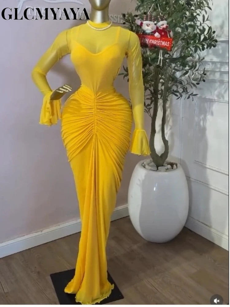 CM.YAYA Women's Flare Long Sleeve O-neck Ruched Mermaid Long Maxi Dress 2026 Street Mesh Sexy Party Cocktail Night Dresses