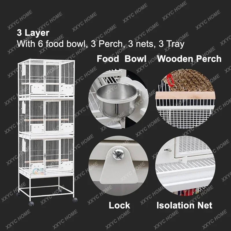 TTLarge Outdoor Bird Aviary Flight Metal Triple Parrot Breeding Stackable Bird Cage For Finches With Wheel