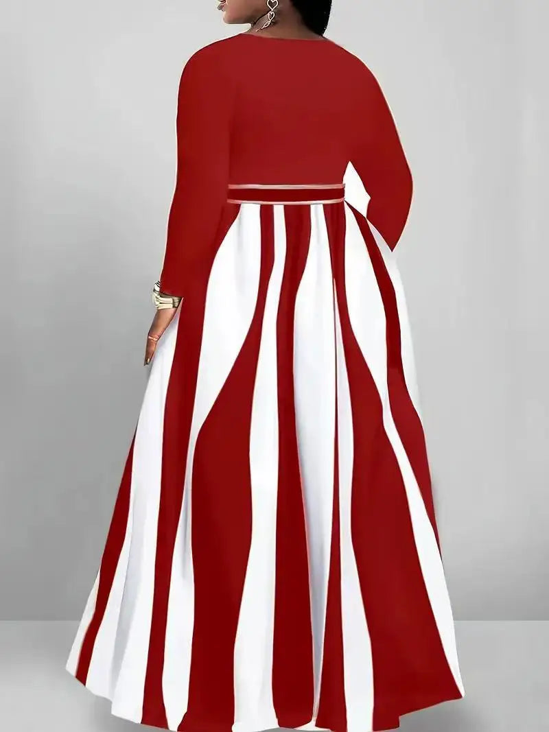 Plus-Size Women's V-Neck Elegant Long-Sleeved Striped Color-Block Dress