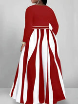 Plus-Size Women's V-Neck Elegant Long-Sleeved Striped Color-Block Dress