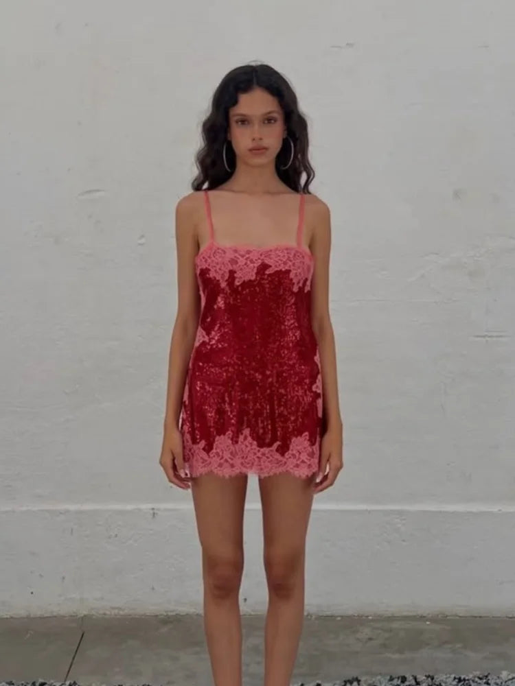 Sexy Women Sequin Lace Trim Mini Dress Chic V-neck Sleeveless High Waist Mini Sling Dresses 2026 Daily Summer Lady Vacation Robe