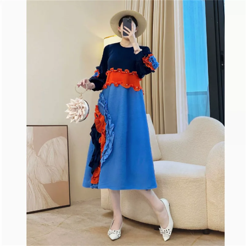 Miyake Tie Flower Design Women's Pleated Dress O-neck Long Sleeve Colorblock Patchwork Chic Beading Loose Famale Clothes