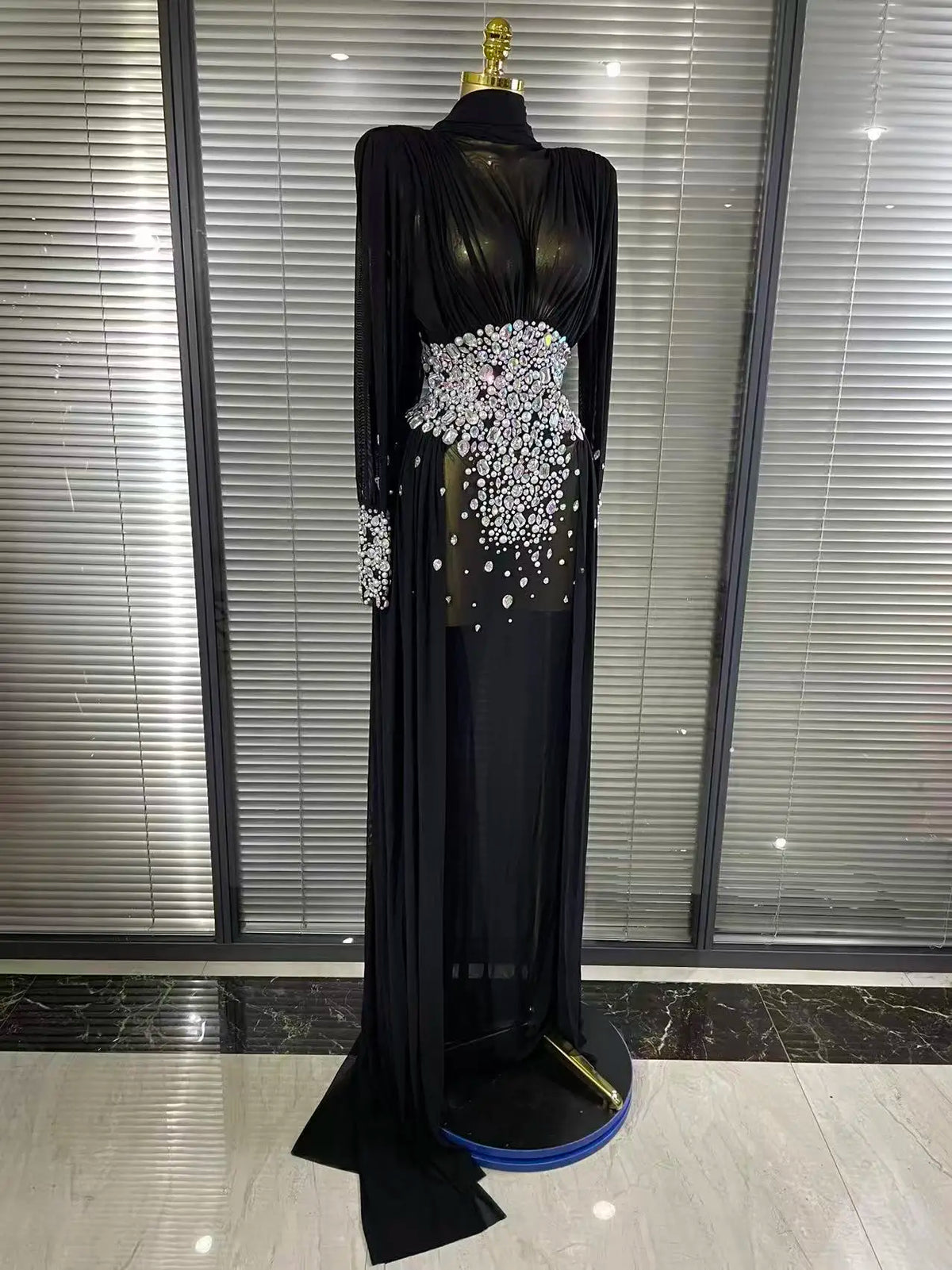 Elegant Rhinestones Long Dress for Women Sexy Mesh See Through Celebrate Evening Prom Birthday Dress Photo Shoot Wear