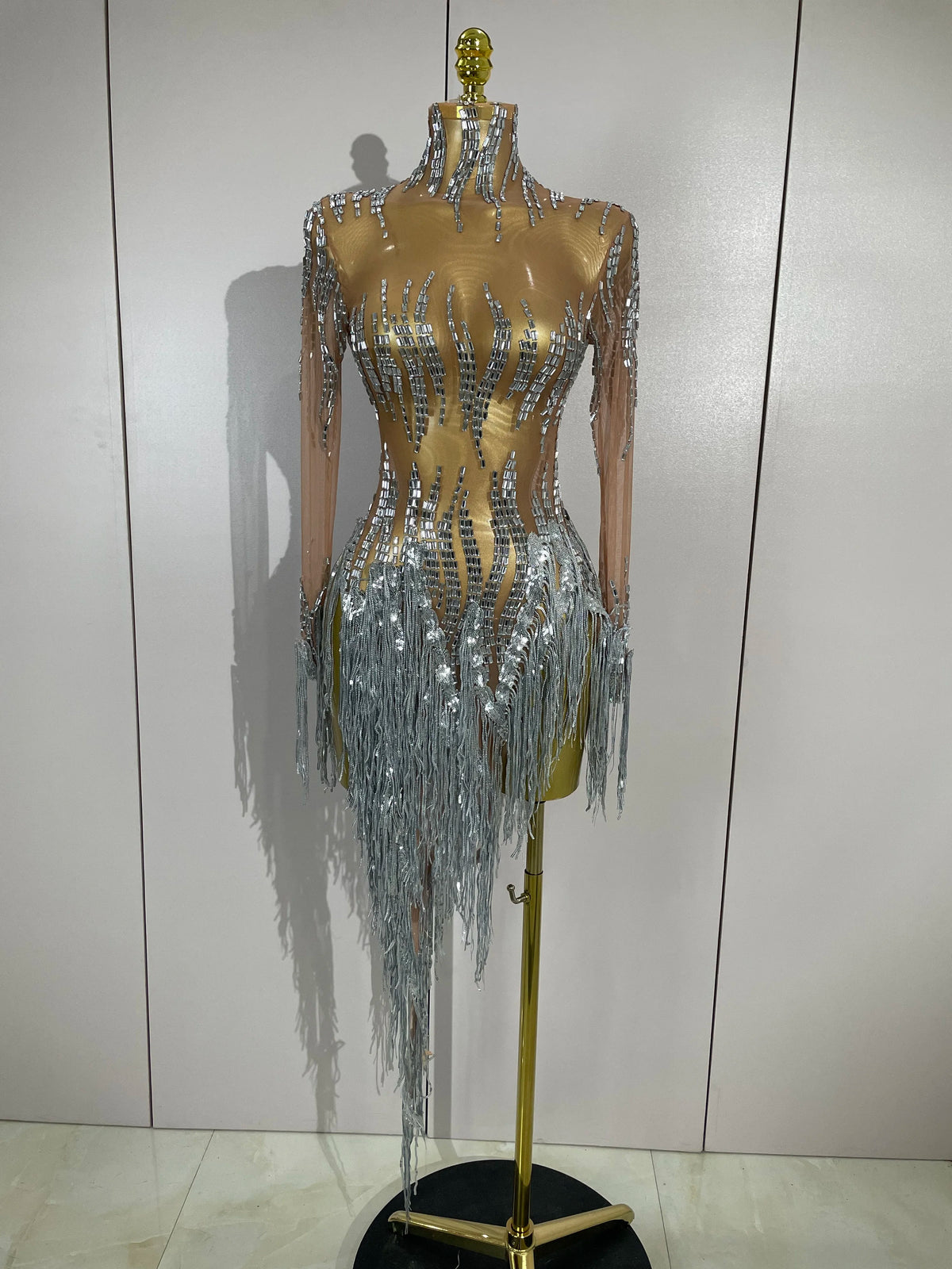Sparkly Rhinestone Golden Sequins Tassel Sexy Transparent Dress Women Evening Birthday Party Nightclub Dance Singer Stage Outfit