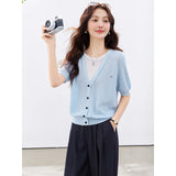 VIMLY Women's Office 2 in 1 Knit T-shirt 2026 Summer New Light Blue Fashion Casual Contrast Color Design Short Sleeve Top 30932