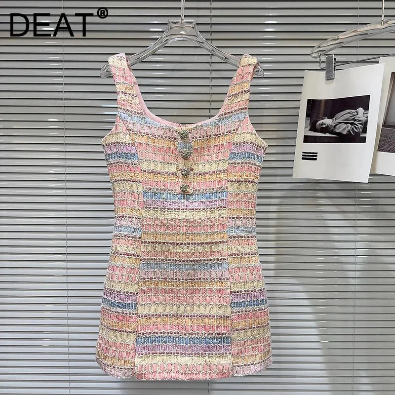 DEAT Fashion Diamond Flower Buckle Woven Tweed Dresses For Women Elegant Contrast Color Sleeveless Dress Female 11A04140