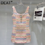 DEAT Fashion Diamond Flower Buckle Woven Tweed Dresses For Women Elegant Contrast Color Sleeveless Dress Female 11A04140