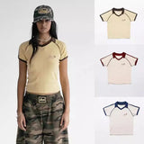 MARIA collar contrasting short sleeved T-shirt for women, sporty style polo collar, American retro top, women's summer