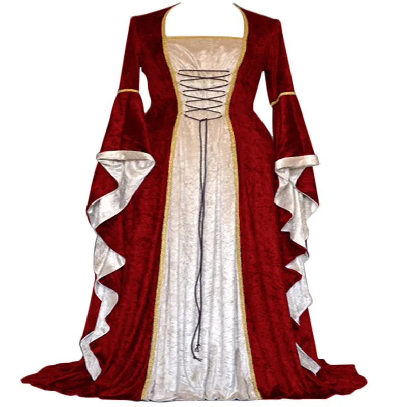 Halloween Women 3XL Plus Size Medieval Retro Court Princress Cosplay Costume Long Dress Elegant Witch Square Collar Masquerade