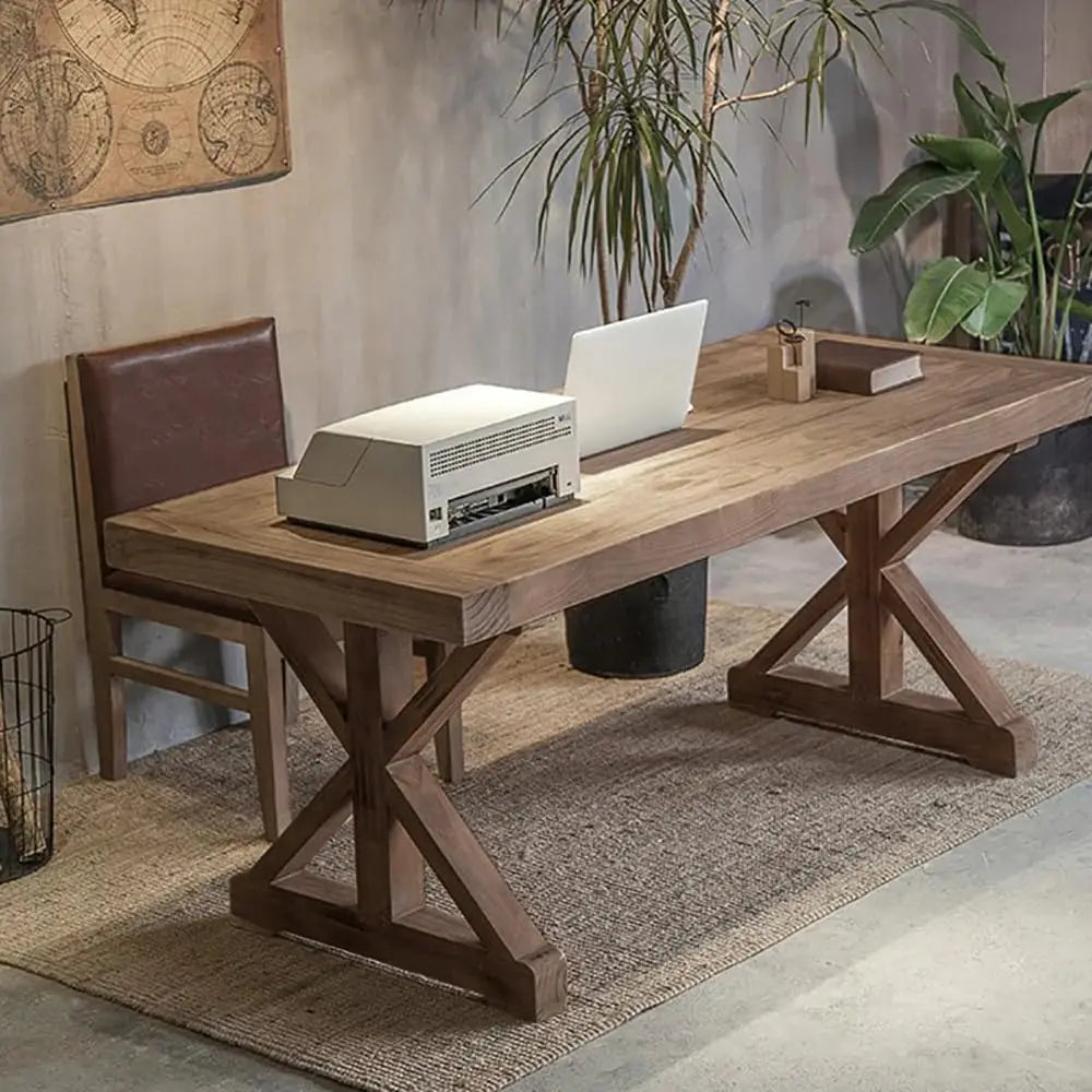 70.9" Solid Wood Executive Desk, Rustic Farmhouse Home Office Desk with X-Trestle Base, Large Writing & Computer, Customized