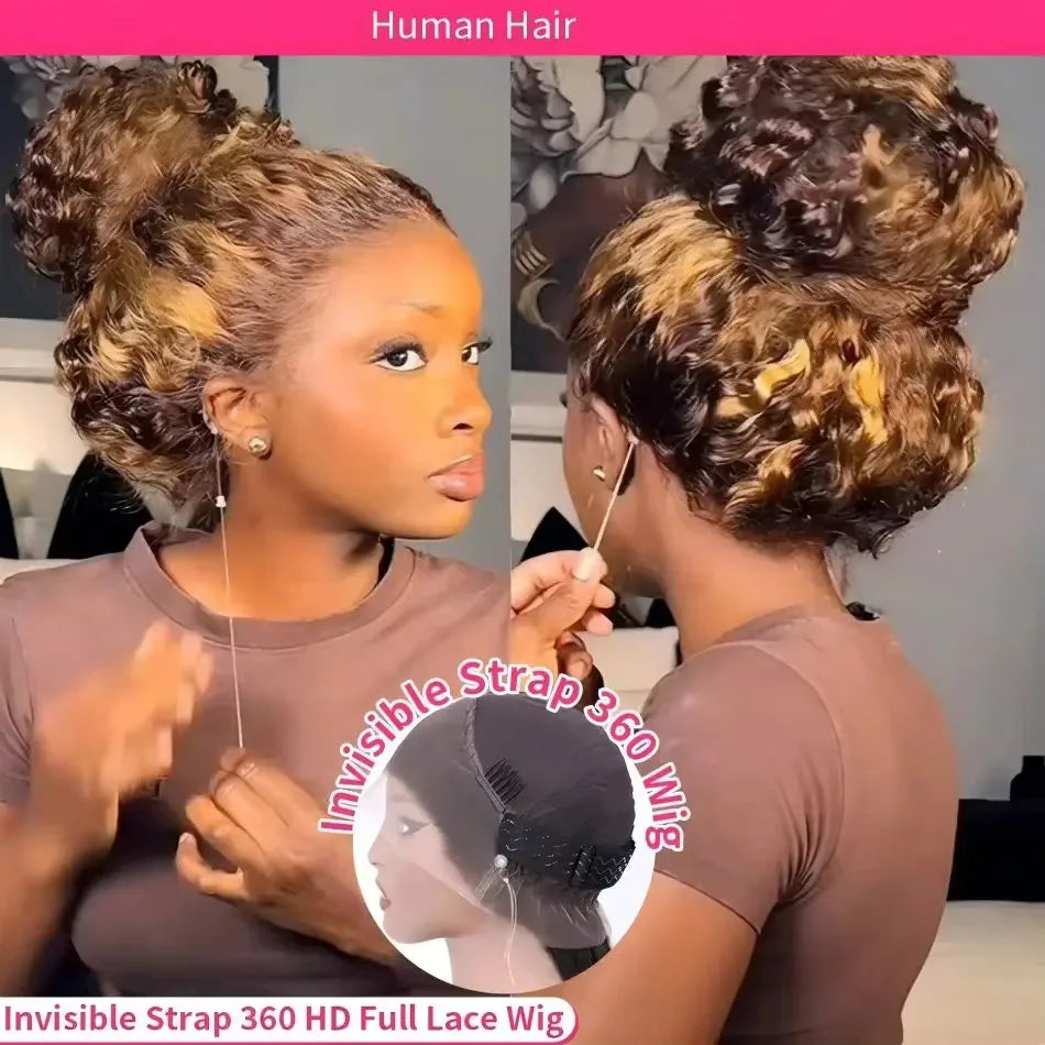 Curly 360 Full Lace Glueless Wig Human Hair Invisible Drawstring 13x6 Hd Lace P4/27 Highlight Deep Wave Frontal Wigs For Women
