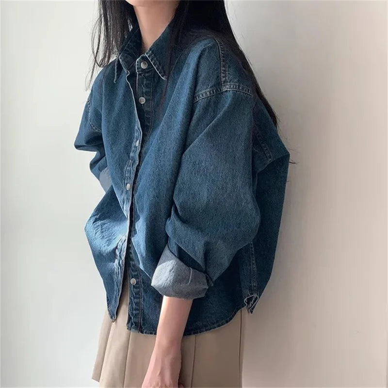 Korean Loose Casual Women's Denim Shirt Vintage Outerwear Spring Fashion Blusas Tops Long Sleeve Thin Casual Coats Street