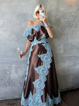 Elegant Lace Patchwork Long Women's Dress Urban Skew-collar Short Sleeve Empire Female Dresses 2026 Summer Vacation Lady Robe