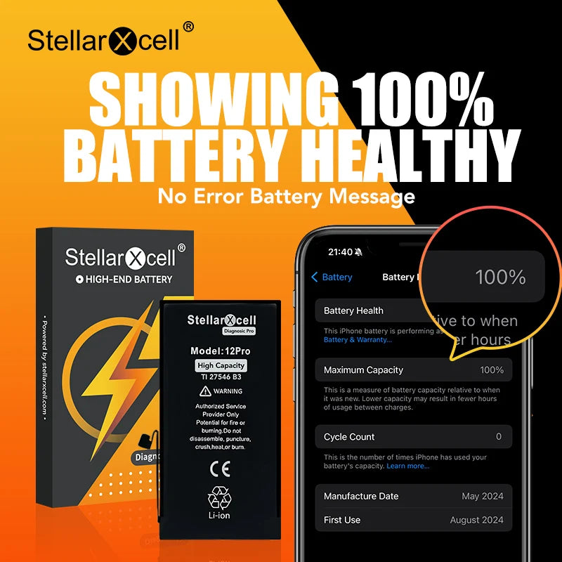 StellarXcell Diagnostic Battery No Unknown Parts No Pop Up Message for iPhone 12mini 13Pro Max 14Plus 15Pro Max With Free Tools