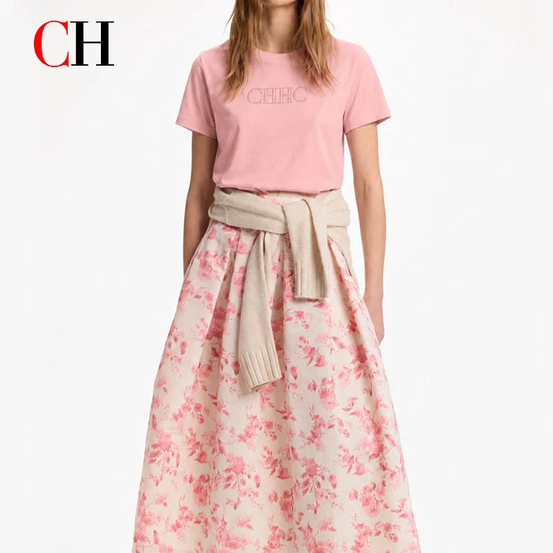CH Women's Pink Cotton T-Shirt Embroidered Letter Short Sleeve Casual Summer Basic Top