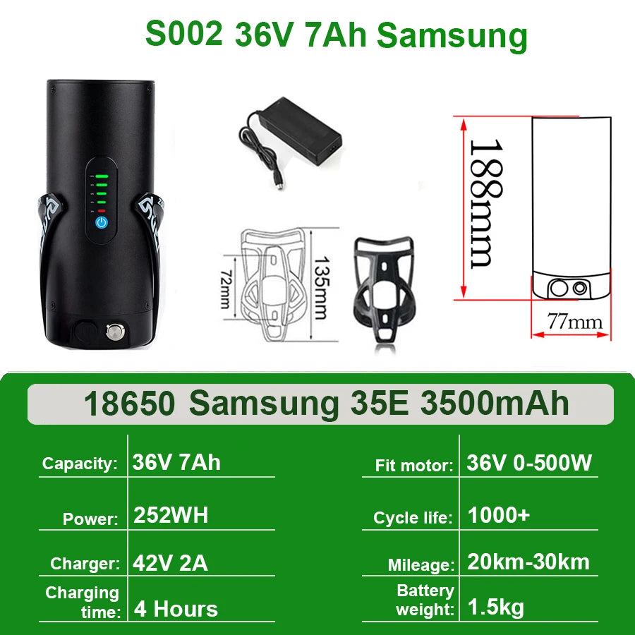 Mini Bottle EBike Battery 36V 10.5Ah 9Ah 48V 7Ah San-yo 18650 Li-ion Battery Pack for Bafang TSDZ2 250W 350W 500W Motor
