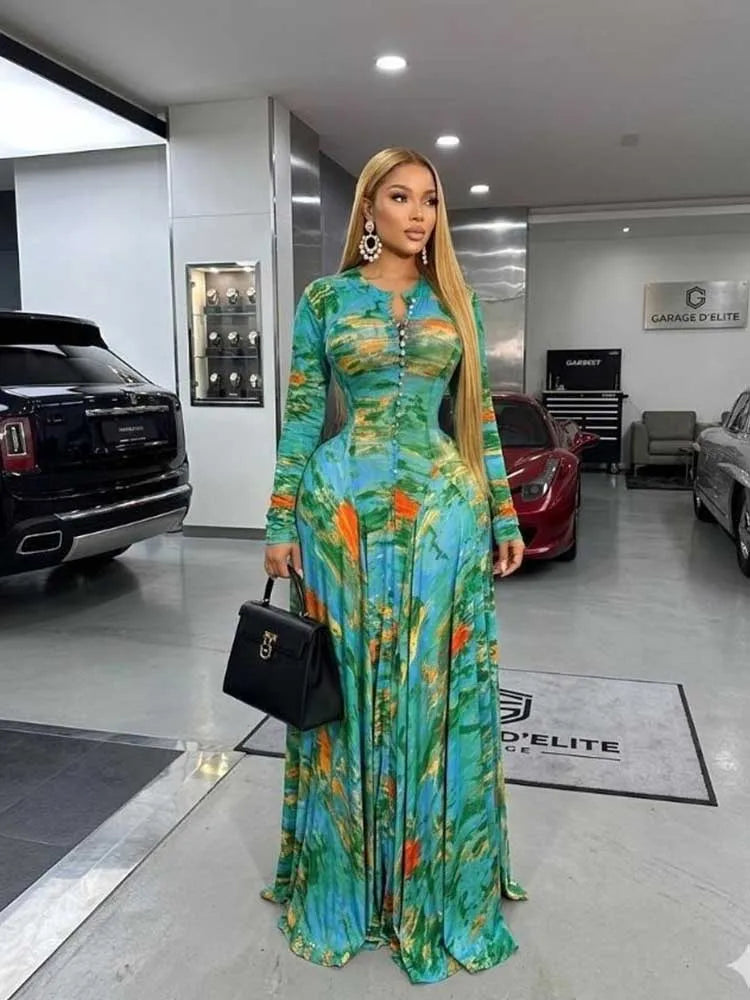 Long Maxi Dresses for Curvy Women Round Neck Spring Summer Dress Waist Slimming Floral Print Elegant Green Party Dresses Pleated