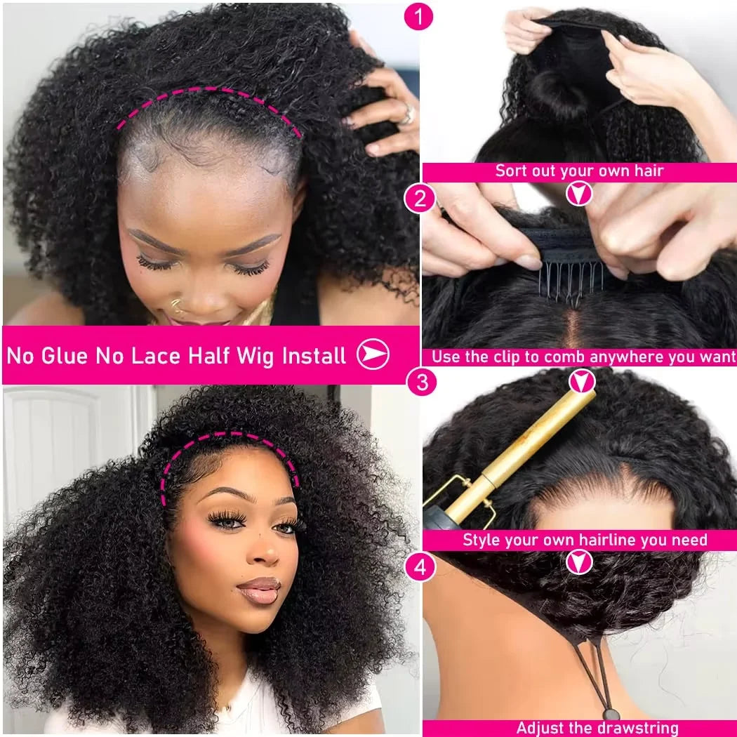300% Half Wigs Human Hair 4C Kinky Curly Headband Wig Upgrade 3 IN 1 Half Wig With Drawstring Seamless Clip Ins Flip Over Wig