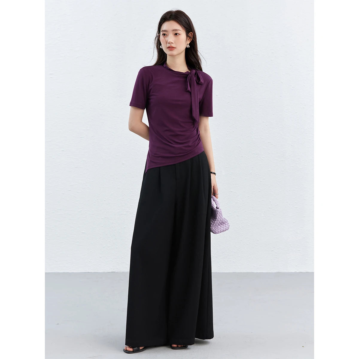 VIMLY Women's Summer T-Shirt 2026 Elegant Fashion Ladies Tee Adjustable Bow Tie Asymmetrical Hem Slim Fit Short Sleeve Top A5210
