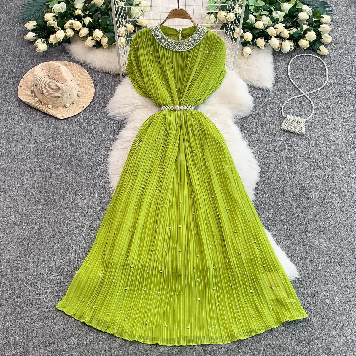 Ele round Ne Beaded Dr Women's Summer Slimming Gored Skirt High Waist A-Line Dr ort Sve Comfortable Fit