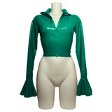 Punk Chic Flare Crop Tops,Long Sleeve,Vintage Pole Dance,Shiny PVC Leather T Shirt,Nightclub Fashion Tees,Female Pullover Blouse