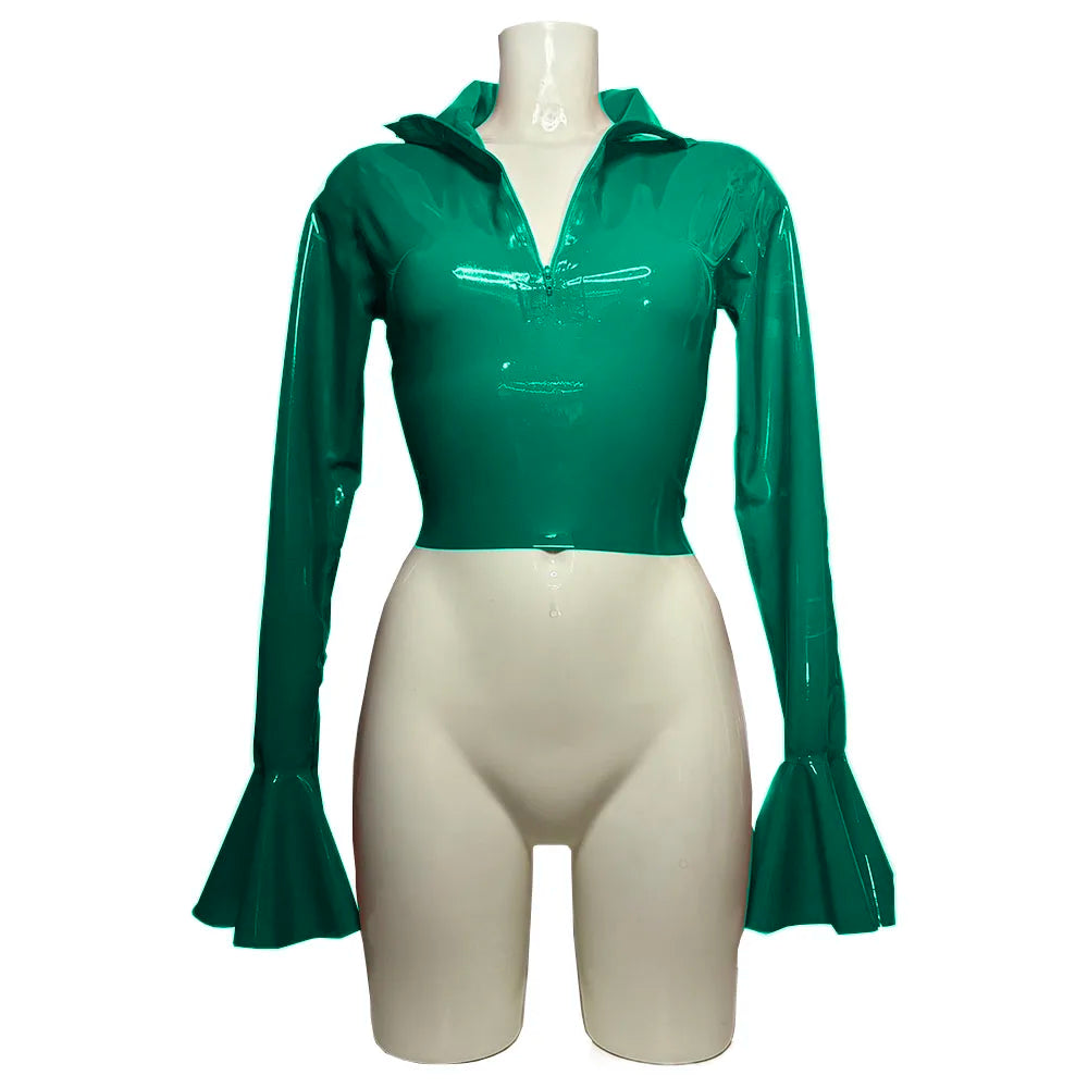 Punk Chic Flare Crop Tops,Long Sleeve,Vintage Pole Dance,Shiny PVC Leather T Shirt,Nightclub Fashion Tees,Female Pullover Blouse