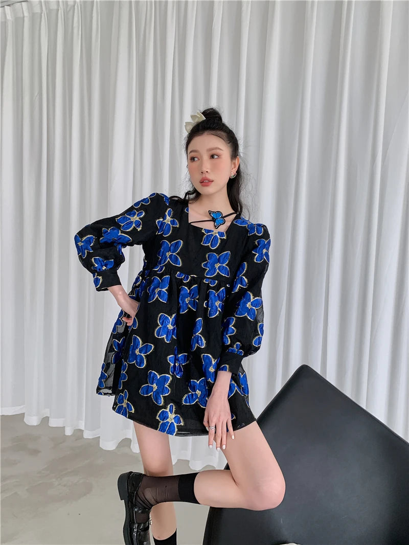 CHEERART Organza Jacquard Royal Blue Puff Sleeve Floral Fairy Dress For Women Long Sleeve Square Neck Tulle Dress Autumn Clothes
