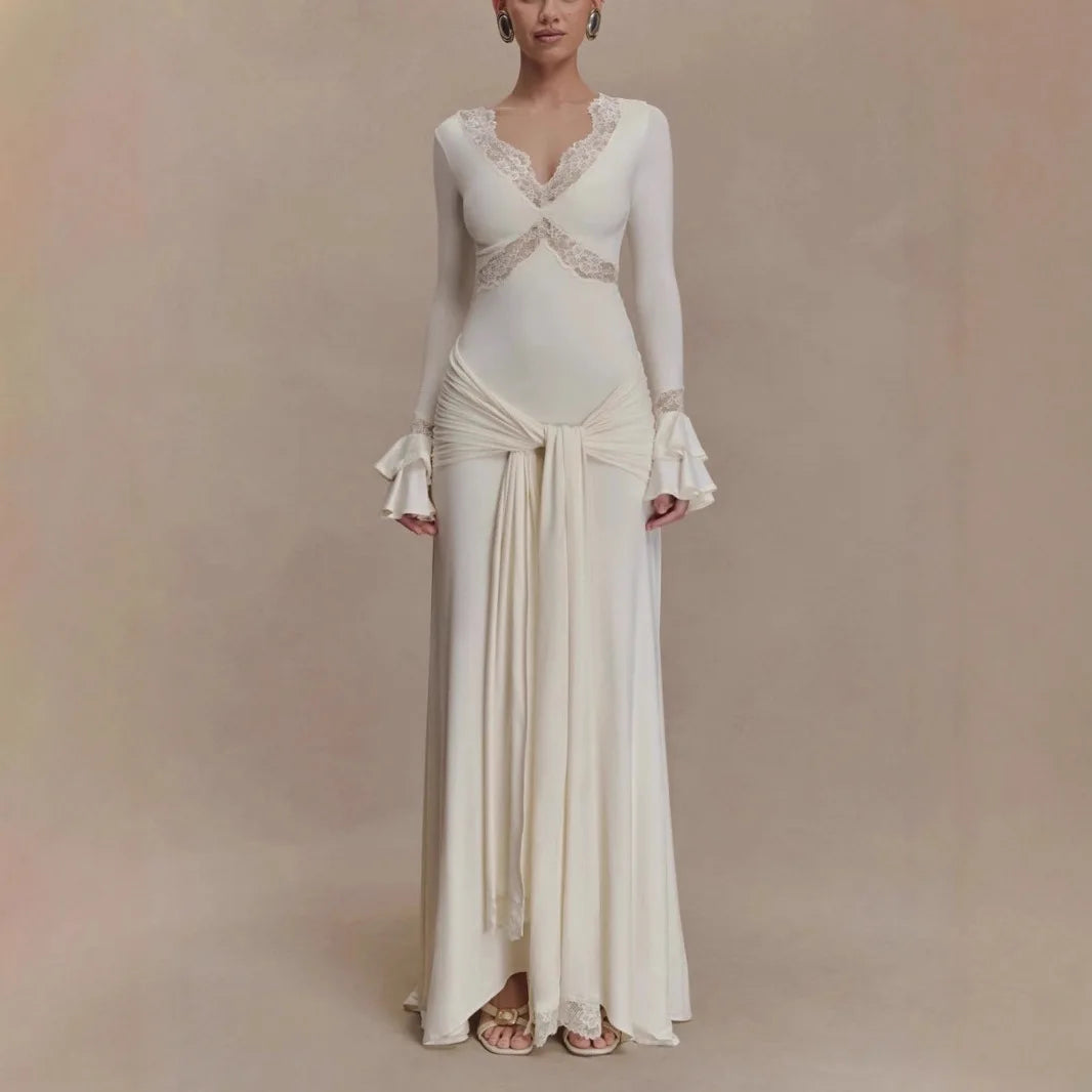 2025 Autumn Long Sleeve Sexy Maxi Dress For Women Fashion Lace Patchwork V Neck Backless Draped Ruched Club Party Long Dress