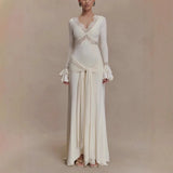 2025 Autumn Long Sleeve Sexy Maxi Dress For Women Fashion Lace Patchwork V Neck Backless Draped Ruched Club Party Long Dress