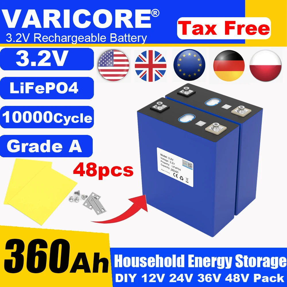 Grade A 3.2V 360AH 340Ah Battery LiFePO4 Lithium Iron Phospha for 12V 24V 4S E-scooter RV Solar Energy Storage System Duty-free