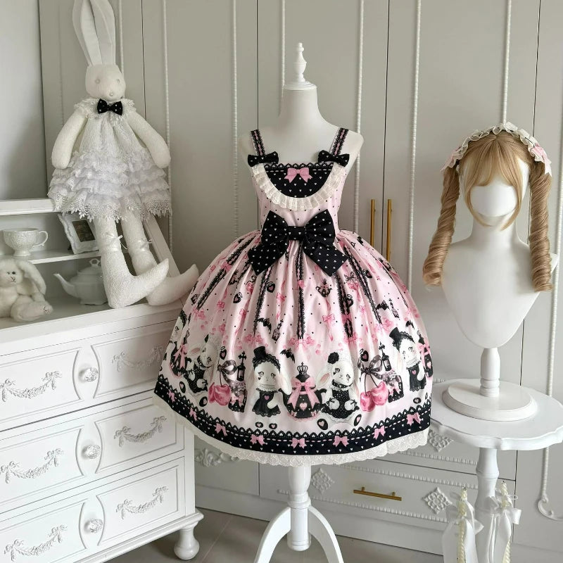 Japanese Kawaii Lolita Style Jsk Dress Women Sweet Cute Bow Lace Ruffles Party Mini Dresses Gothic Y2k Sleeveless Princess Dress