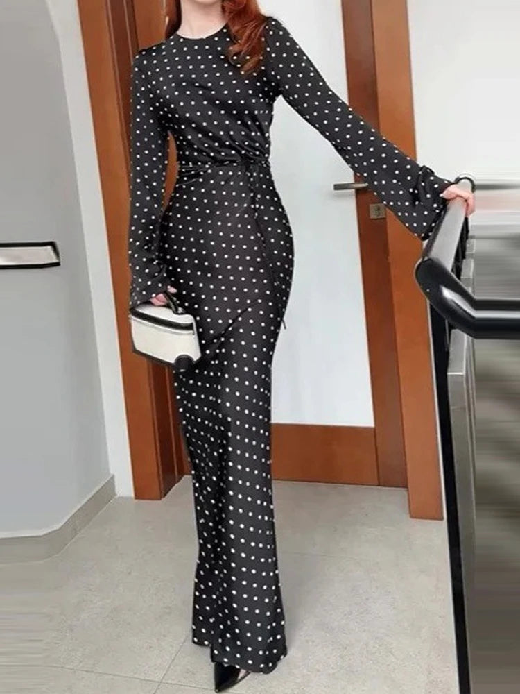 Fashion Polka Dot Print Evening Long Dress Women's Elegant O-neck Hight Waist Party Dress Casual Flared Sleeve Slim Gowns Dress