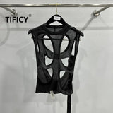 TIFICY High Street Cotton Hollow Out Tank Women's Style Personality Fashion Big Hole Design Outer Vest Top Tee Tanks Tshirt Tops