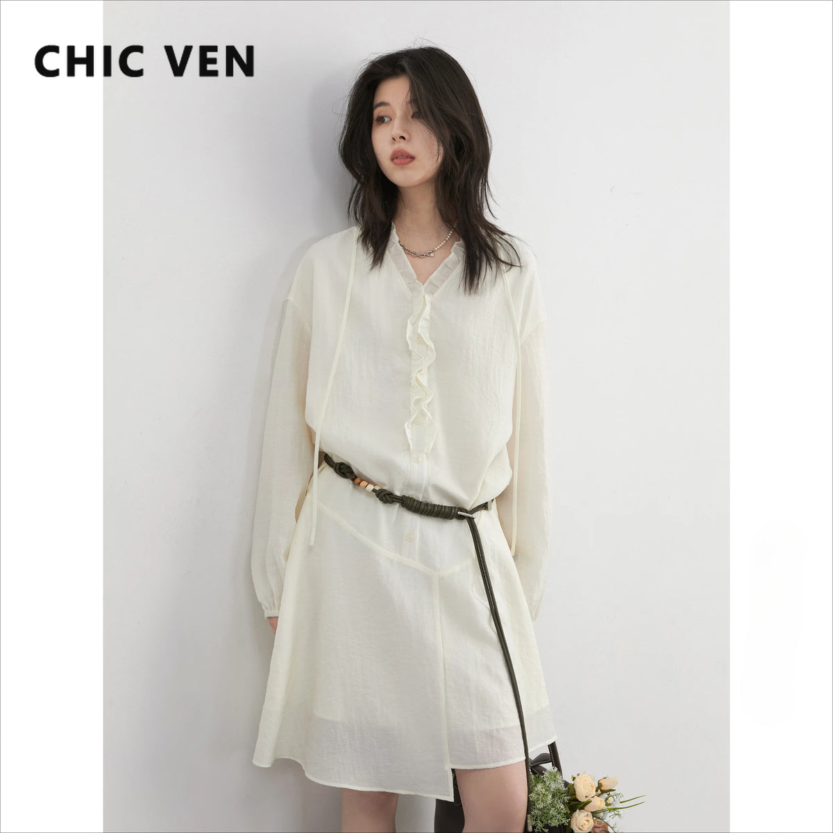 CHIC VEN Women Dresses Loose Casual V-neck Ruffled Long Sleeve Female Long Dress Design A-line Spring Summer 2025