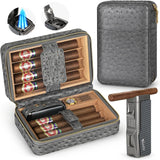 Scotte Cigar Humidor Box Cigar Lighter Cedar Wood Lined Leather Cigar Case Built in Hygrometer Humidifier with Cigar Holder Kit