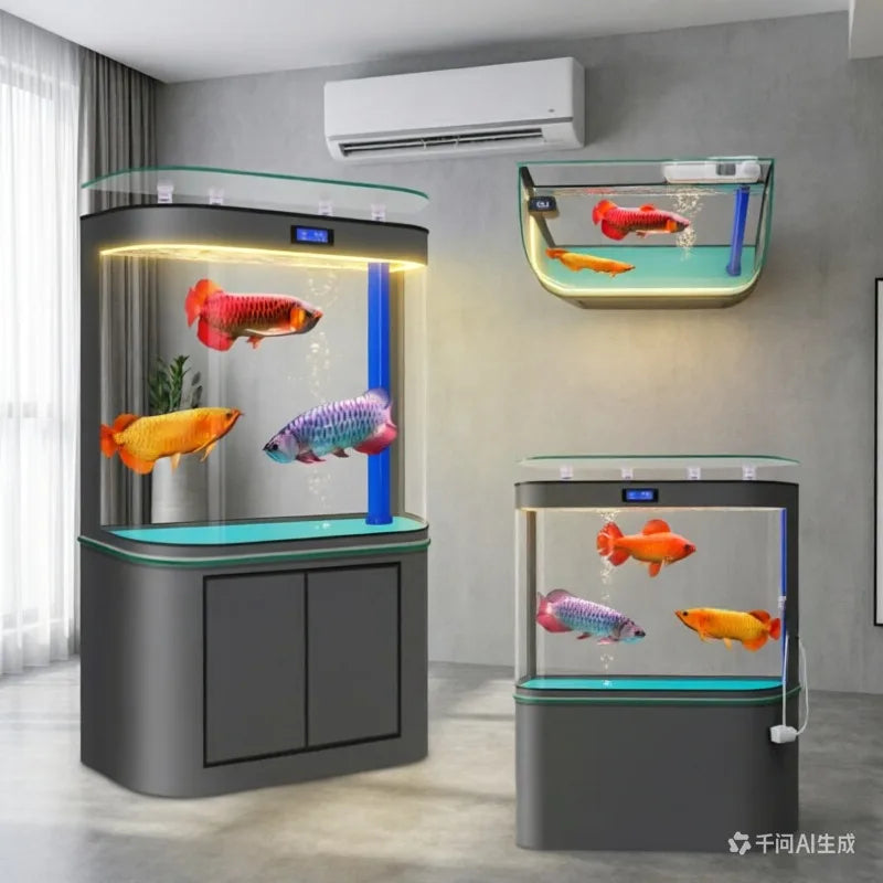 All-in-One AquariumLarge Bottom Filter Aquarium With Smart Display Solid Wood Cabinet RGB Light Automatic Filtration SystemFish
