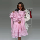 Ruffle Women Dress V Neck Waist Tie Dress Puff Sleeve Mini Dresses Layered Ruffle Hem Waist Cinching Figure Flattering