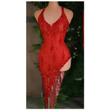 Personality Celebrity Evening Show Wear Party Gowns Sparkly Diamonds See Through Mesh Stretch Asymmetrical Dress