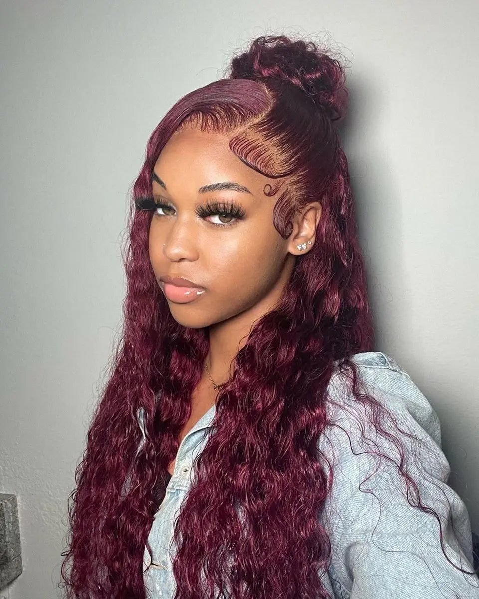 34 Inch 200% Density 99J Burgundy Wine Red 13x4 Lace Front Wigs With Natural Deep Wave, Transparent Lace And Baby Hair, Pre-Pluc