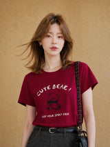 XIAOGULI Cute Bear Funny Cotton T-shirt Women Top Red Short Sleeve Summer Casual Versatile Basic Tee Ladies Daily Wear Tops