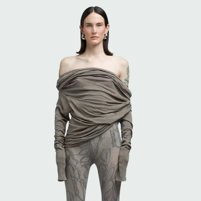 Street Style Oversized Cotton T-Shirt Three Colors Long Sleeve Knitted Shoulder Bared Layered Neck Design Polyester Blend